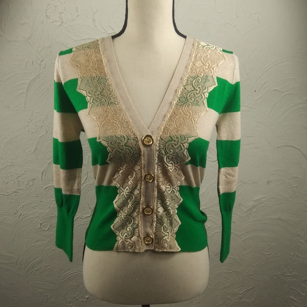 Nordstrom Parfait Retro Green Striped Cardigan
